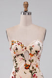 Champagne florale en velours effet mouillé, robe de cocktail courte moulante sans bretelles avec trou de serrure