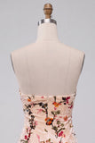 Champagne florale en velours effet mouillé, robe de cocktail courte moulante sans bretelles avec trou de serrure