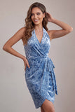 Bleu ardoise en velours froncé, robe de cocktail midi moulante à encolure dos-nu avec ceinture