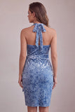 Bleu ardoise en velours froncé, robe de cocktail midi moulante à encolure dos-nu avec ceinture