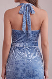 Bleu ardoise en velours froncé, robe de cocktail midi moulante à encolure dos-nu avec ceinture