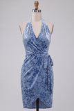 Bleu ardoise en velours froncé, robe de cocktail midi moulante à encolure dos-nu avec ceinture