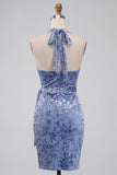 Bleu ardoise en velours froncé, robe de cocktail midi moulante à encolure dos-nu avec ceinture