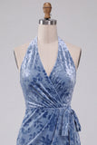 Bleu ardoise en velours froncé, robe de cocktail midi moulante à encolure dos-nu avec ceinture