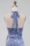 Bleu ardoise en velours froncé, robe de cocktail midi moulante à encolure dos-nu avec ceinture