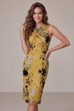Jaune gingembre midi à fleurs avec trou de serrure, robe de cocktail