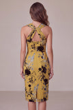 Jaune gingembre midi à fleurs avec trou de serrure, robe de cocktail