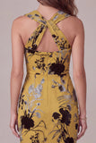 Jaune gingembre midi à fleurs avec trou de serrure, robe de cocktail