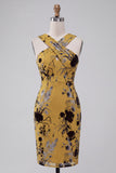 Jaune gingembre midi à fleurs avec trou de serrure, robe de cocktail