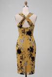Jaune gingembre midi à fleurs avec trou de serrure, robe de cocktail