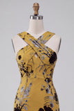 Jaune gingembre midi à fleurs avec trou de serrure, robe de cocktail