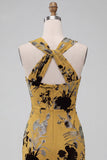 Jaune gingembre midi à fleurs avec trou de serrure, robe de cocktail