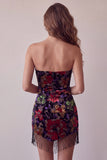 Robe de bal mini de rentrée Black Bodycon, sans bretelles à motifs floraux, avec franges