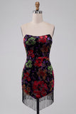 Robe de bal mini de rentrée Black Bodycon, sans bretelles à motifs floraux, avec franges