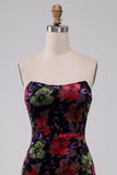Robe de bal mini de rentrée Black Bodycon, sans bretelles à motifs floraux, avec franges