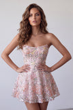 Blush Sequins bretelles A-Line Broderie florale Robe courte de rentrée