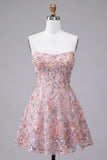 Blush Sequins bretelles A-Line Broderie florale Robe courte de rentrée