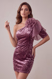 Mauve vintage moulante en velours à une épaule avec fleur 3D, robe de cocktail courte