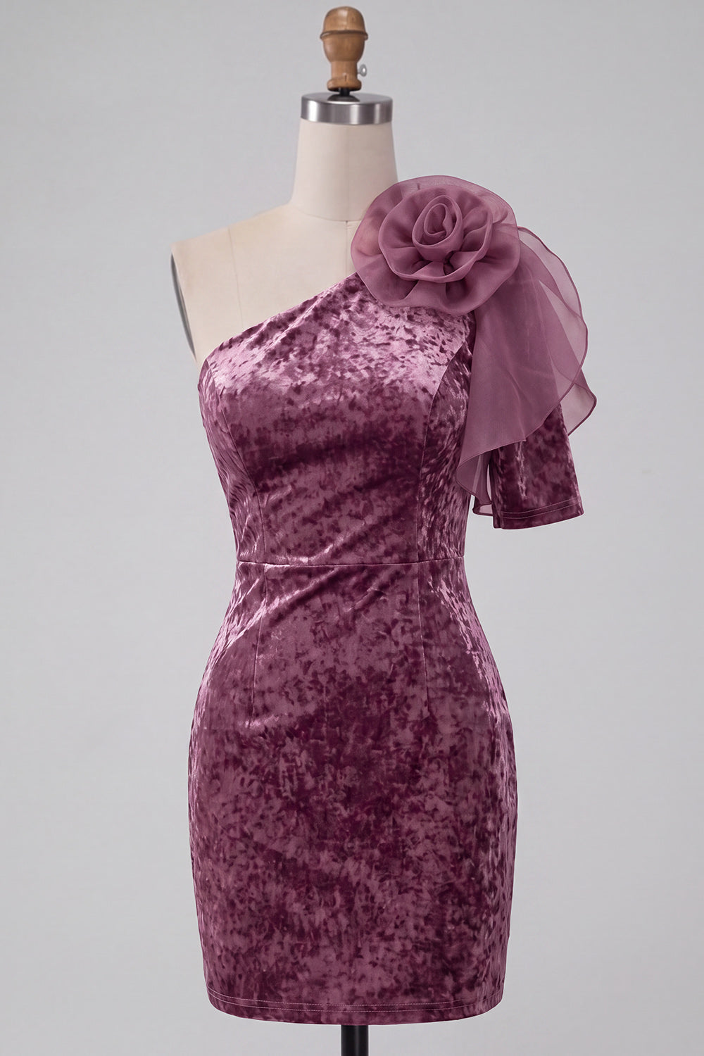 Mauve vintage moulante en velours à une épaule avec fleur 3D, robe de cocktail courte