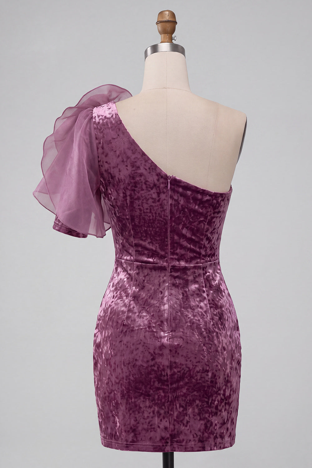 Mauve vintage moulante en velours à une épaule avec fleur 3D, robe de cocktail courte
