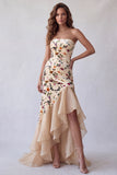 Robe formelle longue à motif de sirène en velours champagne sans bustier