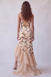 Robe formelle longue à motif de sirène en velours champagne sans bustier