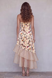 Robe longue de cérémonie longue à volants asymétriques à volants asymétriques à volants bas imprimée champagne