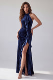 Robe de soirée longue avec volants en velut bleu marine en fourreau fourreau