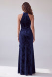 Robe de soirée longue avec volants en velut bleu marine en fourreau fourreau