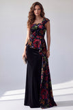 Robe de soirée longue en velours noir à motifs floraux à une épaule