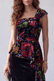 Robe de soirée longue en velours noir à motifs floraux à une épaule