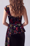 Robe de soirée longue en velours noir à motifs floraux à une épaule