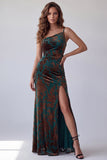 Robe formelle florale imprimée à une épaule en velous vert foncé avec fente latérale