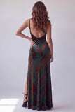 Robe formelle florale imprimée à une épaule en velous vert foncé avec fente latérale