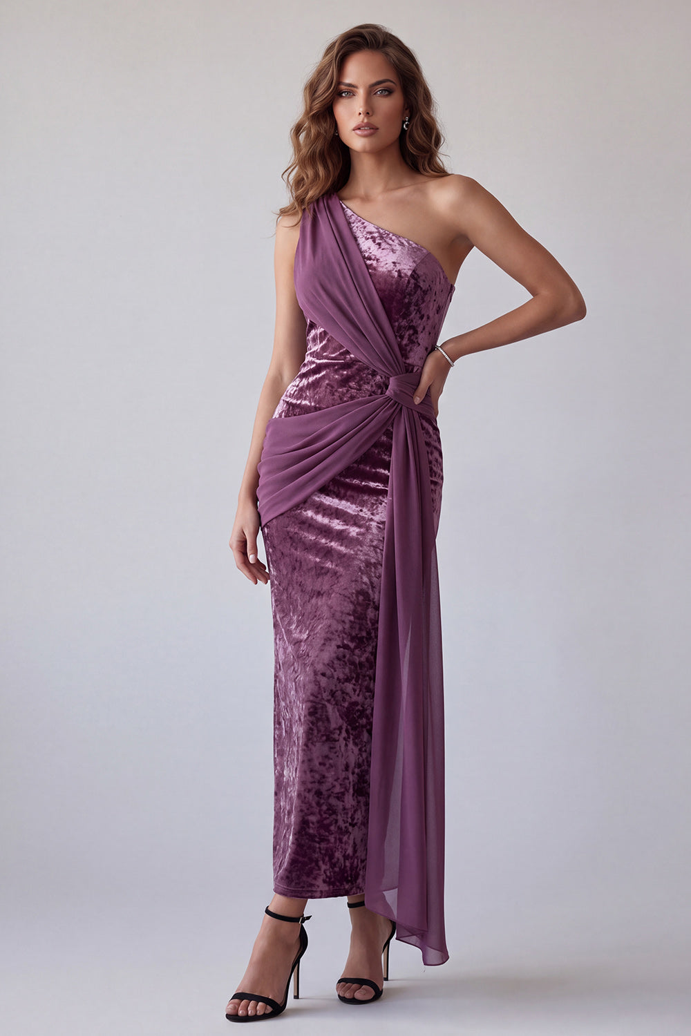 Longue robe formelle longue drapée drapée en velours mauve vintage vintage