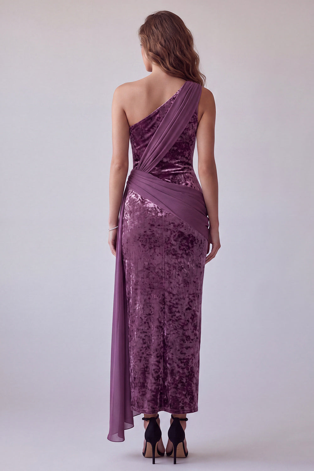 Longue robe formelle longue drapée drapée en velours mauve vintage vintage