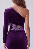 Robe de soirée longue prune fourreau à une épaule en velours avec fleurs