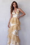 Robe longue formelle champagne à encolure dos-nu ligne A à étages avec volants