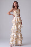 Robe de cérémonie longue champagne asymétrique à une épaule avec volants