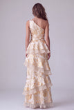 Robe de cérémonie longue champagne asymétrique à une épaule avec volants