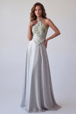 Robe de cérémonie longue grise ligne A en satin floral