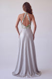 Robe de cérémonie longue grise ligne A en satin floral