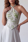 Robe de cérémonie longue grise ligne A en satin floral