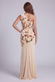Robe de cérémonie longue champagne fourreau à une épaule en velours floral, froncée