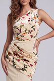Robe de cérémonie longue champagne fourreau à une épaule en velours floral, froncée