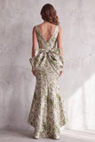 Robe de cérémonie longue sirène sauge poussiéreuse à col V, asymétrique haute-basse avec nœud