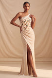 Champagne Velous en velours à une épaule à fourreaux, corset fleural froncé longue robe formelle avec fente