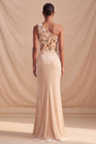 Champagne Velous en velours à une épaule à fourreaux, corset fleural froncé longue robe formelle avec fente