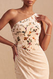Champagne Velous en velours à une épaule à fourreaux, corset fleural froncé longue robe formelle avec fente