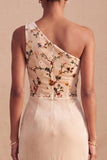 Champagne Velous en velours à une épaule à fourreaux, corset fleural froncé longue robe formelle avec fente